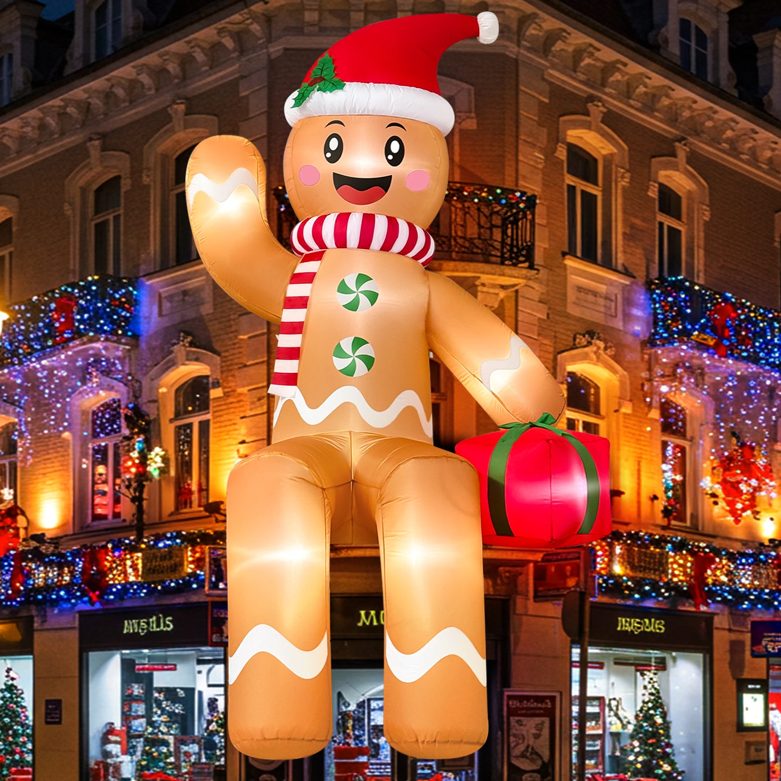 10FT Giant Christmas Inflatables Outdoor Decorations, Sitting Gingerbread Inflatable, Gingerbread Blow Up Yard Decorations