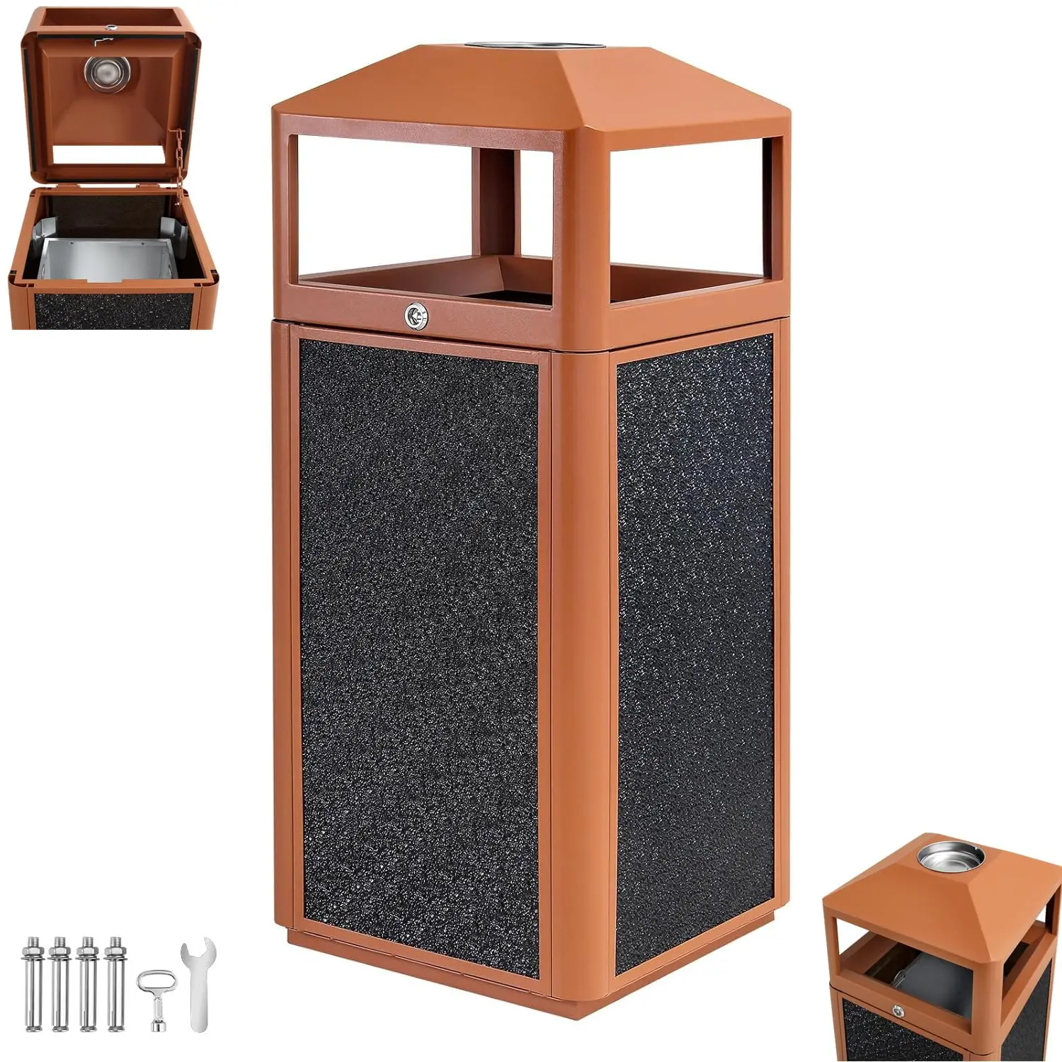 Trash Can Outdoor Steel Top Tray, 15 GAL Commercial Garbage Enclosure with Locking Lid Heavy Duty Industrial Yard Garage Waste