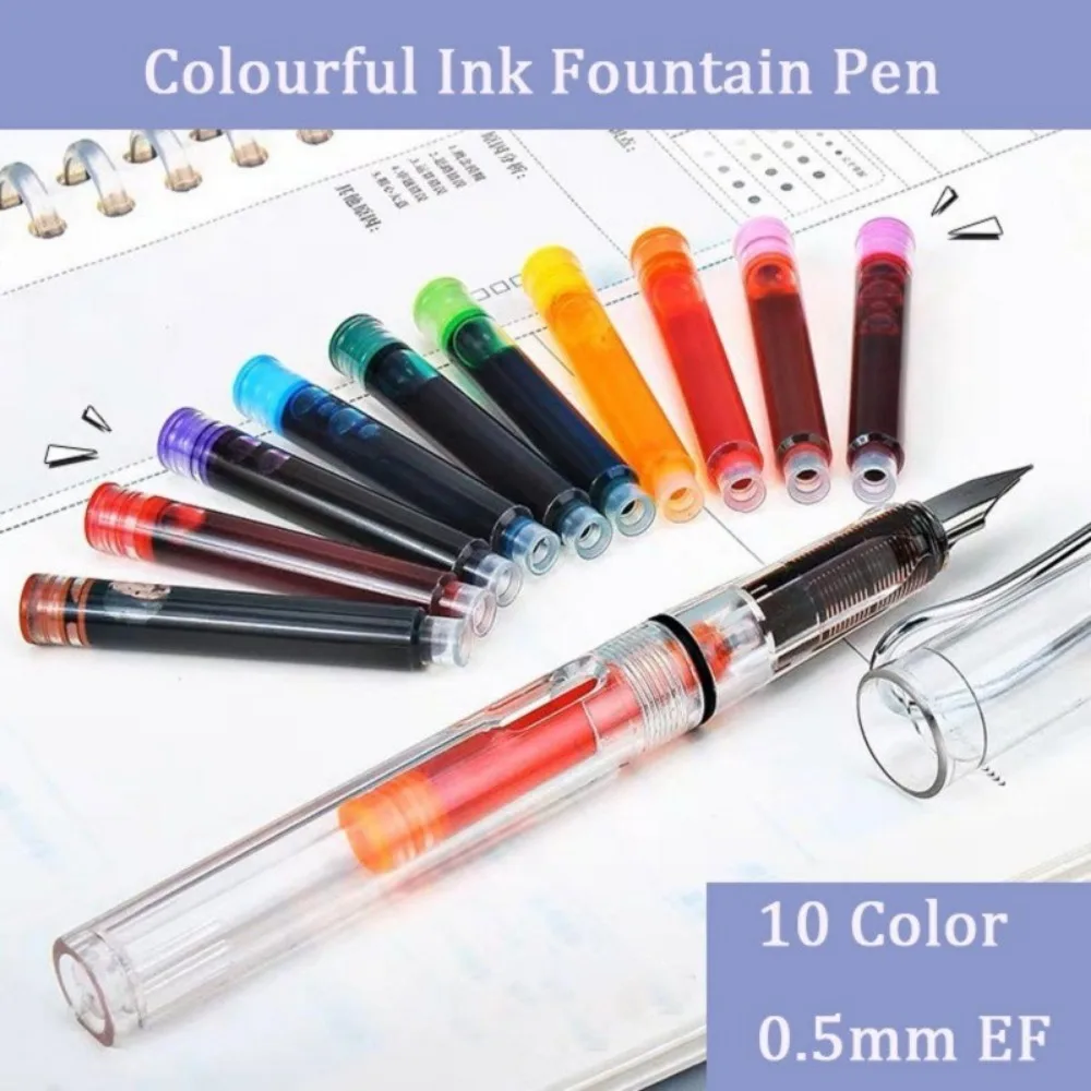 Creative INS Transparent Fountain Pen 0.34mm Caliber 10 Colors of Ink Cartridges 0.5mm Iridium Tipped Fountain Pen