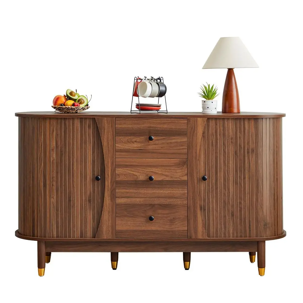 

55inch Sideboard Buffet Cabinet with Drawer,Oval Curved Sideboard with Tambour Sliding Door,Walnut Buffet Storage Cabinet for D