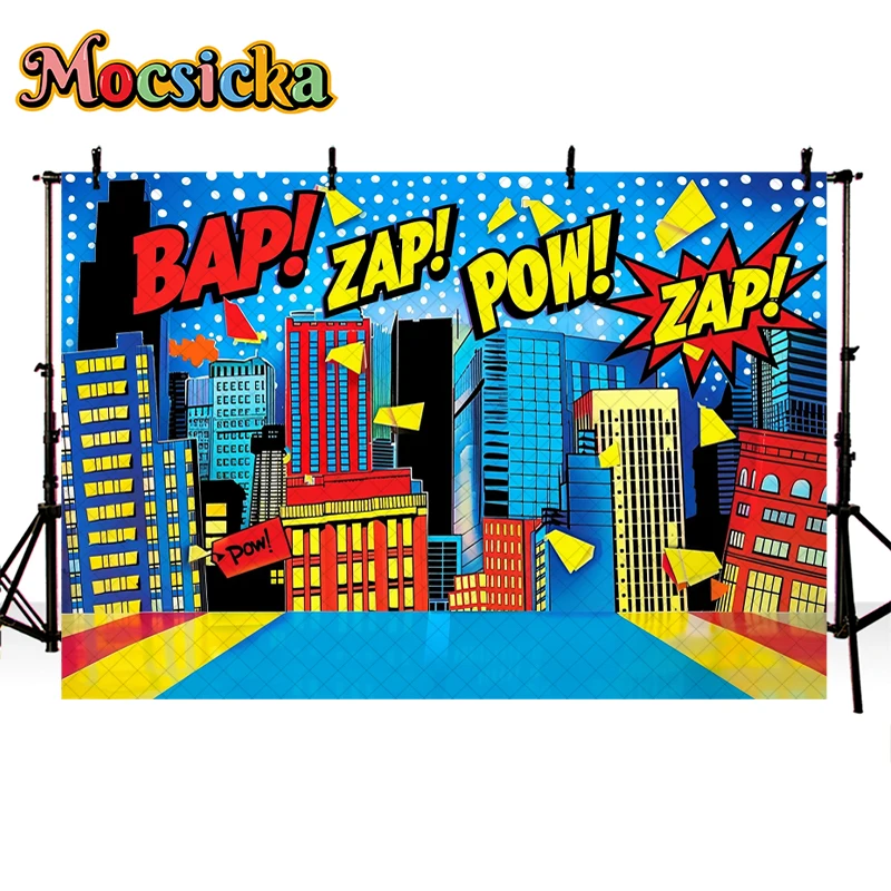Mocsicka - Fondos de fotografía para estudio fotográfico, decoraciones de arquitectura de anime de héroes de la ciudad, para fiesta de primer cumpleaños de niño, fondos para romper el pastel