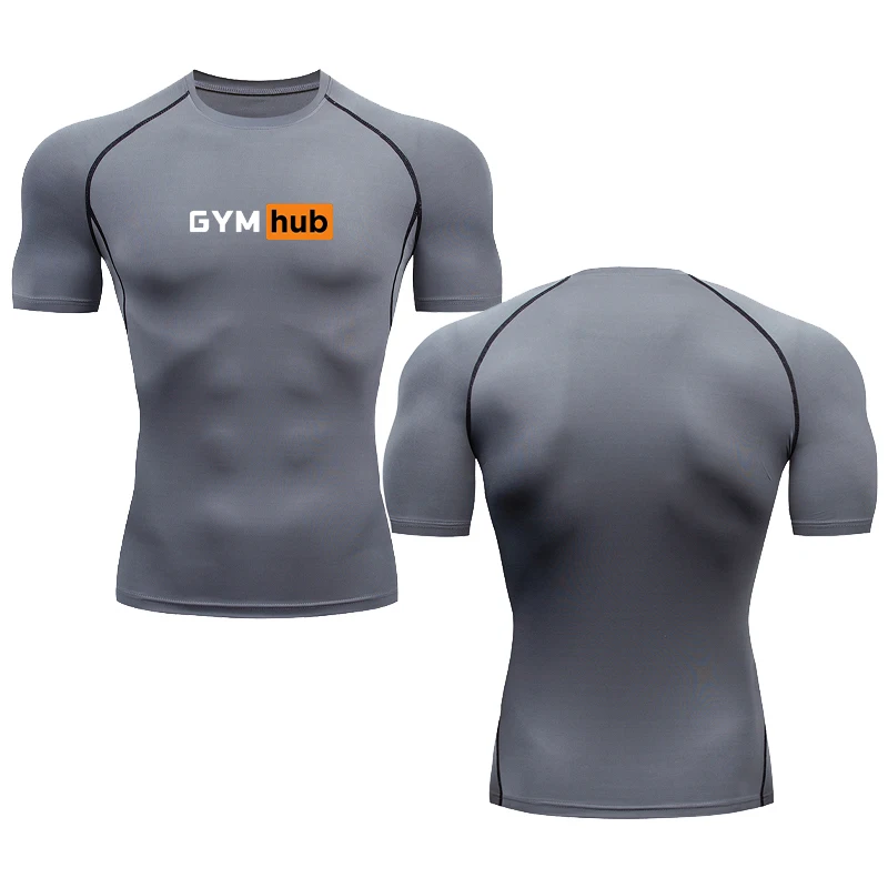 Men Gym Hub Graphic Print Running Compression Short sleeve tight-fitting Gym Sport T-shirt Fitness Male Jogging Tracksuit Tops