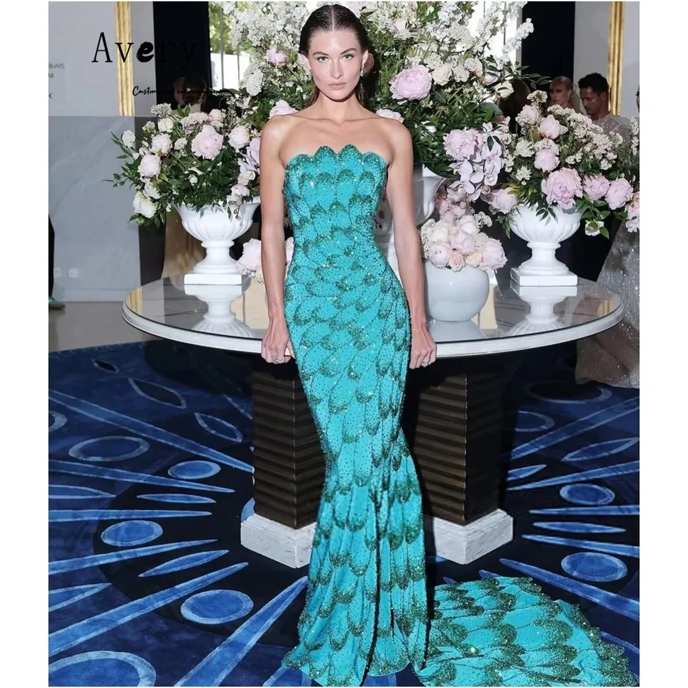 Avery Custom Fishtail Mouwloos Off-shoulder Bloem Elegante Nachtjurken 2025, Vrouw Luxe Avondjurk Lange Prom Dress Party