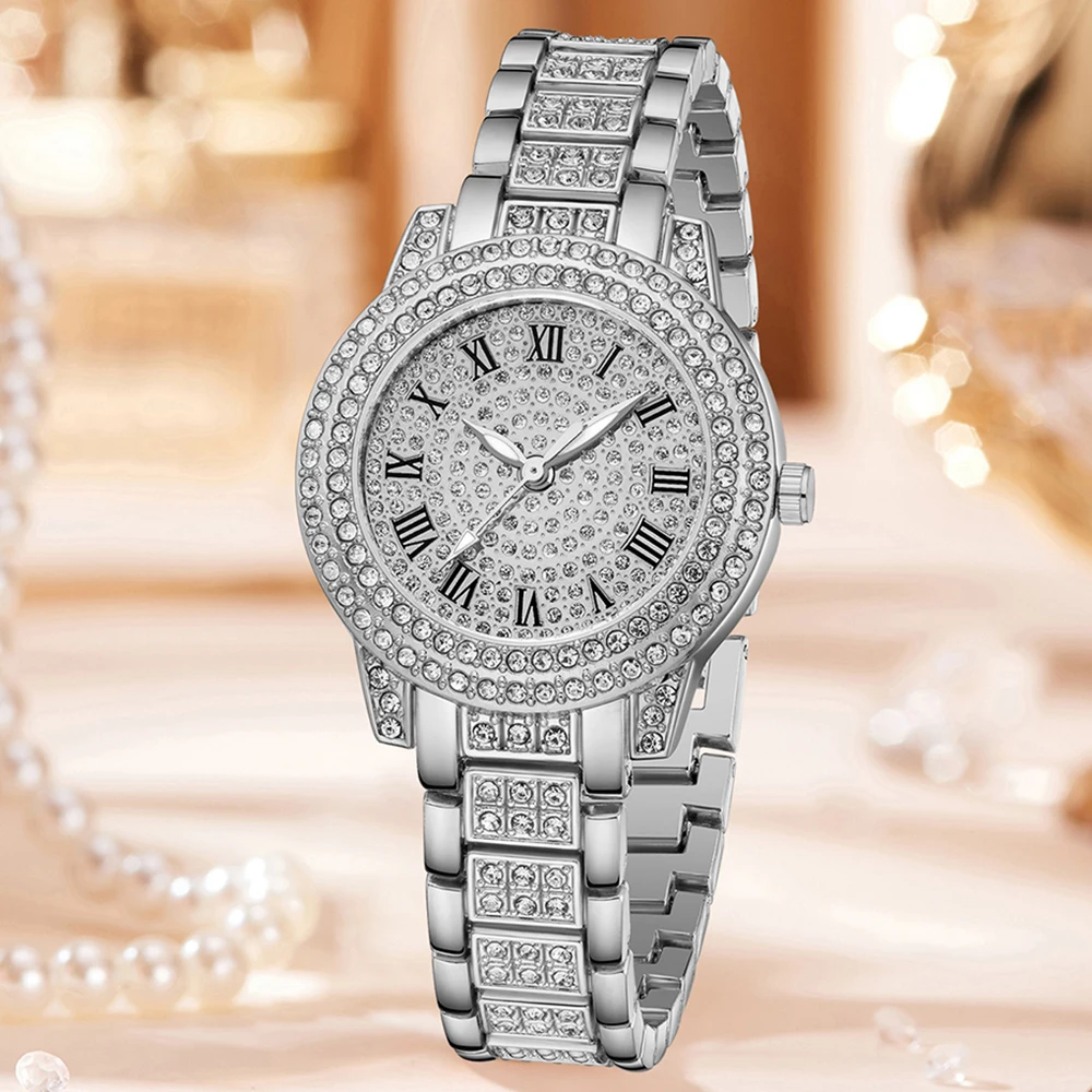 5Pcs/Set Unisex Jewelry Watches Women's Wristwatch Accessories Silver Fashionable Elegant Trendy Classic Exquisite Rhinestone Luxury Roman Numeral Dial Round Dial Quartz Watch Y2K Party Gathering Daily Wear Birthday Holiday Gift Travel Vacation