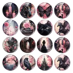 Handmade Halloween Gothic Pink Black Raven Cat Photo Glass Cabochon Charms Flatback Demo Flat Back Cameo For Diy Jewelry Making