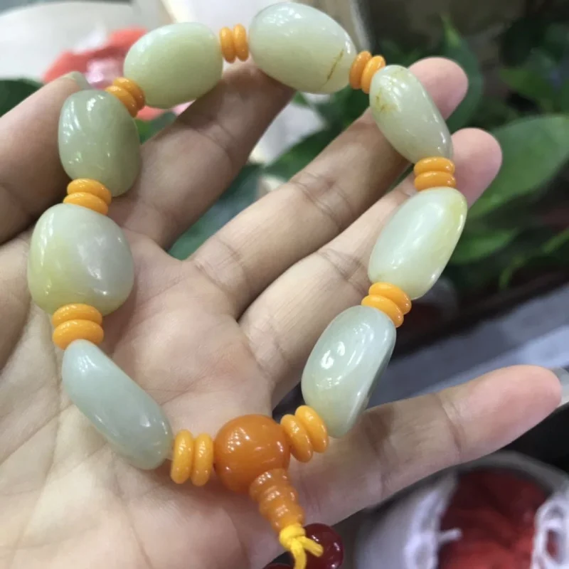 Hotan jade seed beads with skin, men and women, three-way bracelet, two styles