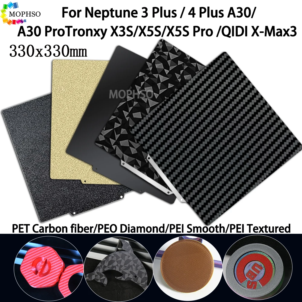 For Elegoo Neptune 4 Plus/3 Plus PEI Build Plate 330x330mm Double Sided Textured PEI Spring Steel Sheet for X5SA Pei 330x330