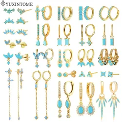 Retro 925 sterling silver ear needle blue turquoise earrings geometric pendant hoop earrings for women Fashion cute jewelry gift