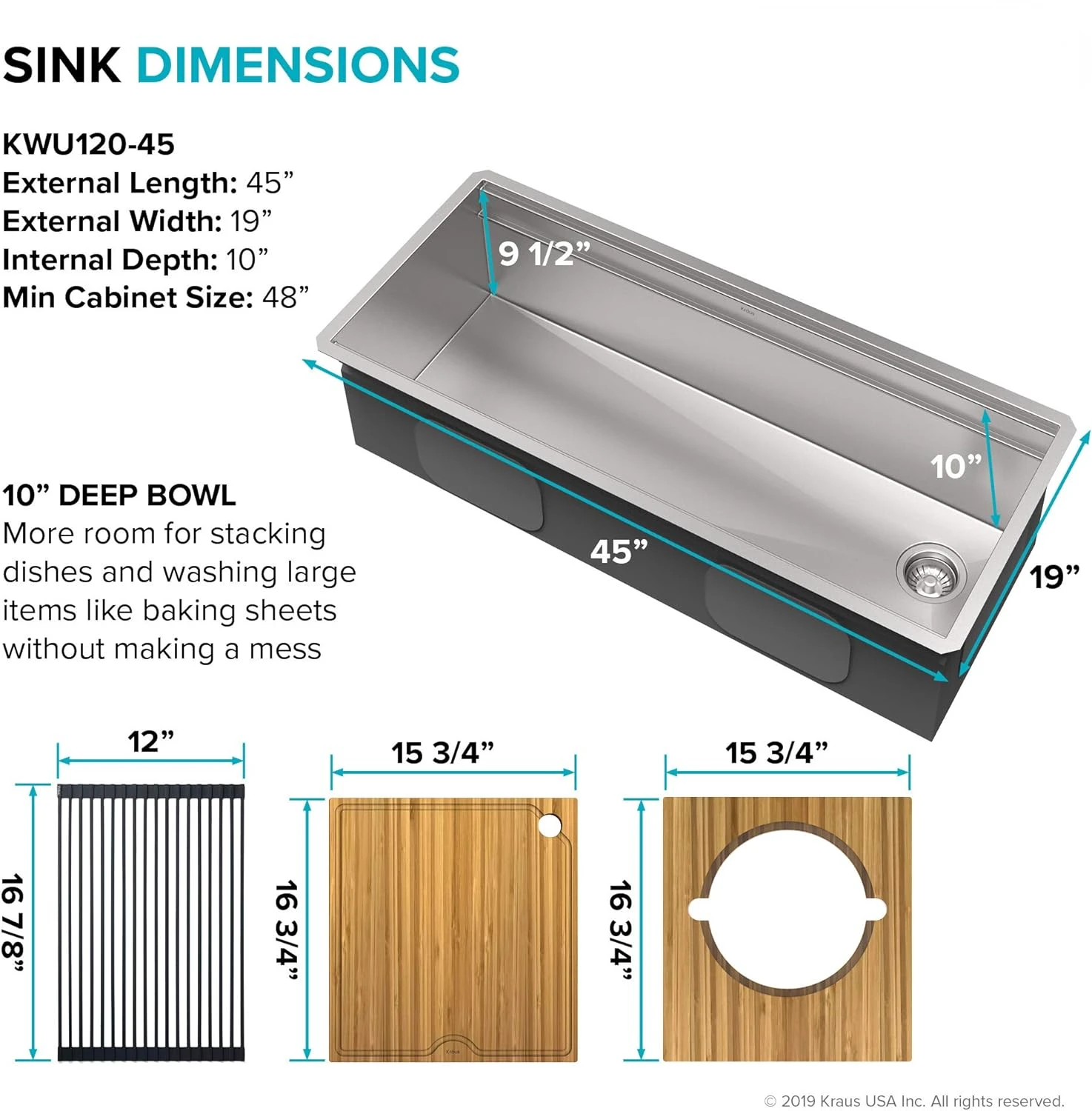 KWU120-45 Kore 2-Tier Workstation 45-inch Undermount 16 Gauge Single Bowl Stainless Steel Kitchen Sink