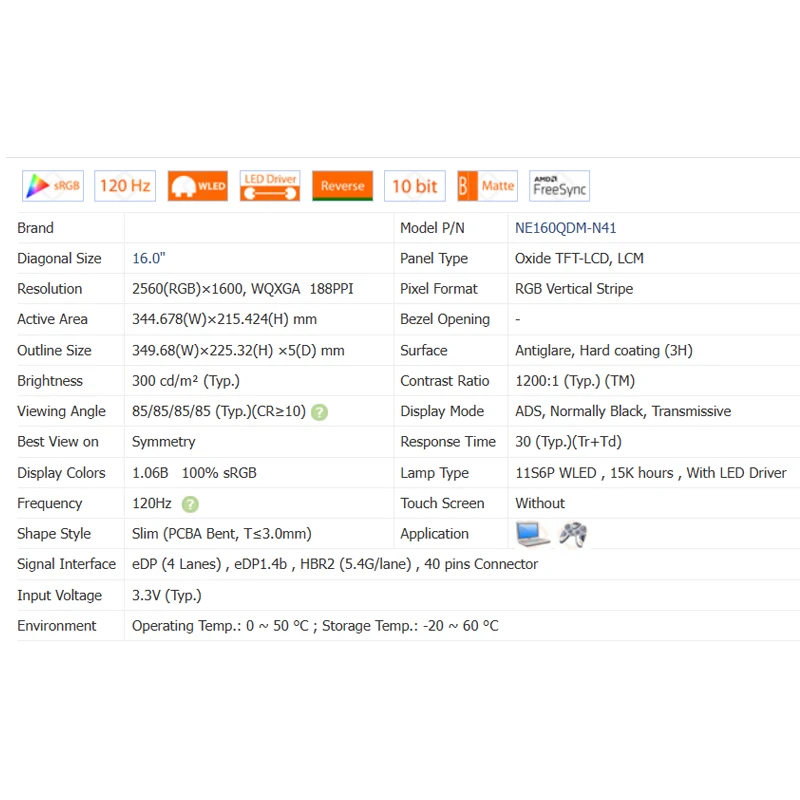 Imagem -05 - Painel de Exibição de Substituição do Painel Lcd Matriz 120hz Ips 100 Srgb Edp 40 Pinos Ne160qdm N41 Ne160qdm-n41 2560x1600 16
