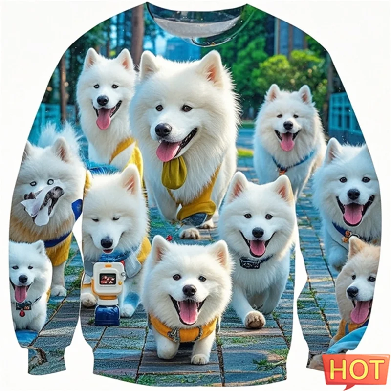 Cute Samoan Dog Graphic Sweatshirts For Men Pullover Sportwear Cartoon Outdoor Samoan 3D Printed Sweatshirts Women Children