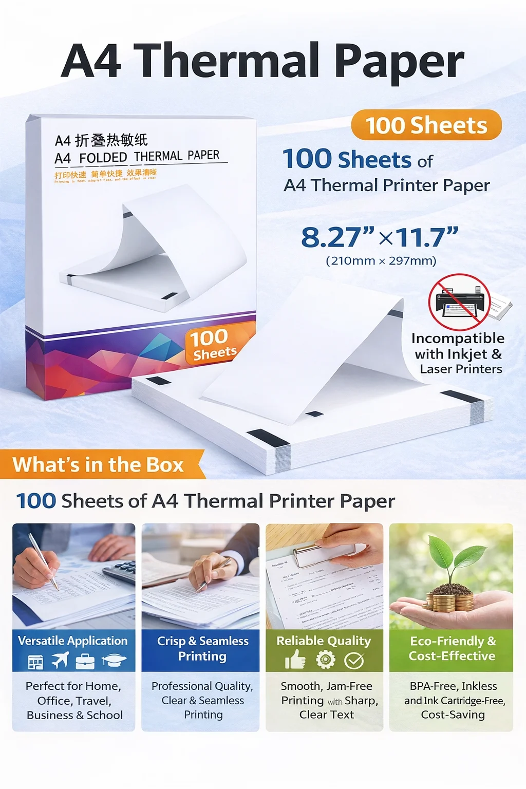 

100 Sheets A4 Quick-Drying Thermal Paper, Thermal Printer Paper, Photos & Web Pages Compatibility with Most A4 Portable Printers