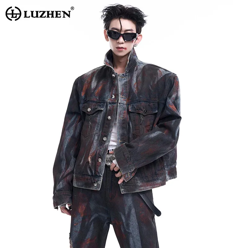 

LUZHEN Shoulder Padded Denim Jacket Scrawl Personalized Trendy High Street Wornout Designer Men's Outerwear Original New LZ4901