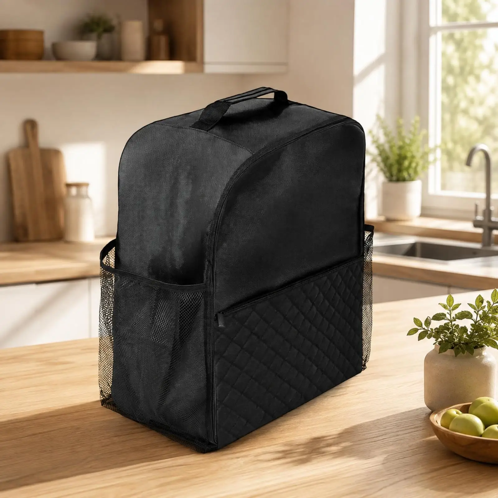Quilted Smoothie Machine Cover for Ice Cream Maker Dust Protector with Handle and Side Pockets Black Oxford Storage Bag