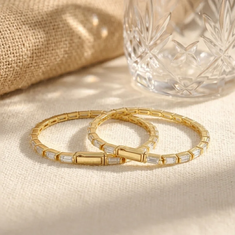 Lab-Grown Gemstone Emerald-Cut Sterling Silver 18K Gold-Plated Bracelet — Fashion Jewelry, Customizable & Wholesale