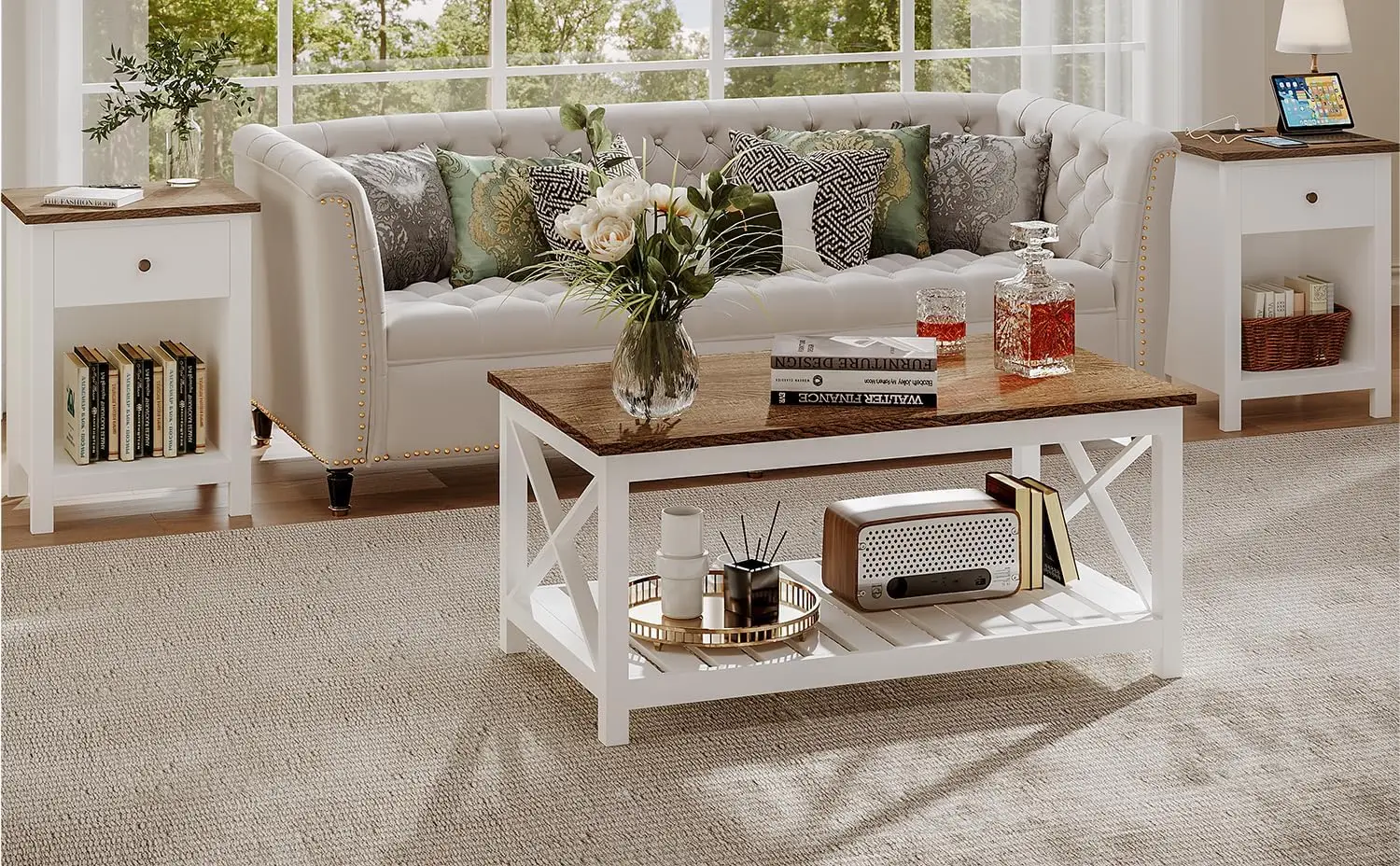 Farmhouse Nightstand Set Of 2,Night Stand With Charging Station, Wooden Top Bedside End Table With Drawer And Storage Space For