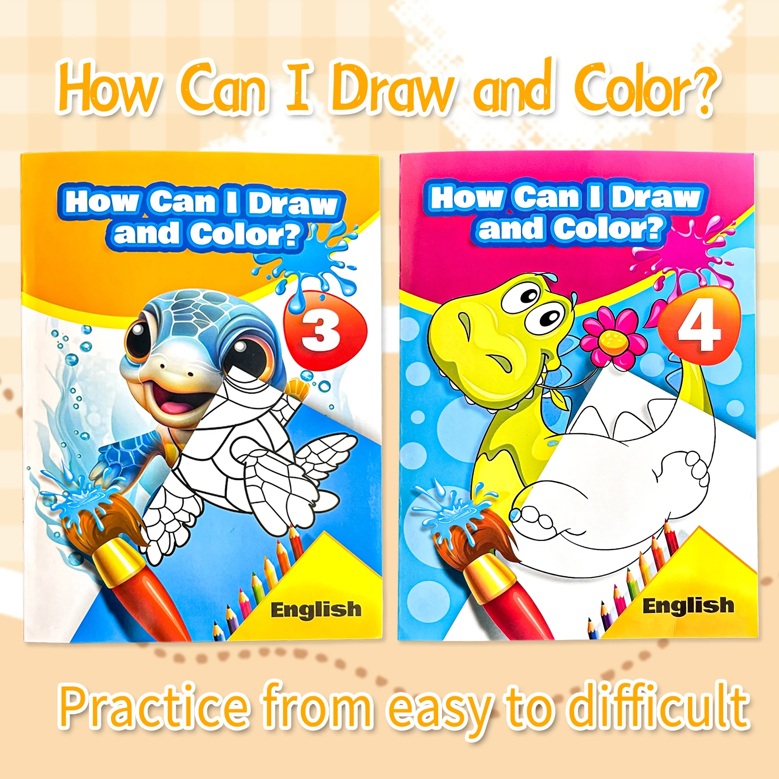 

English Children's Drawing Tutorial Coloring Book, Ages 4-8, Draw & Color, Enhance Concentration & Creativity, Education, Gift