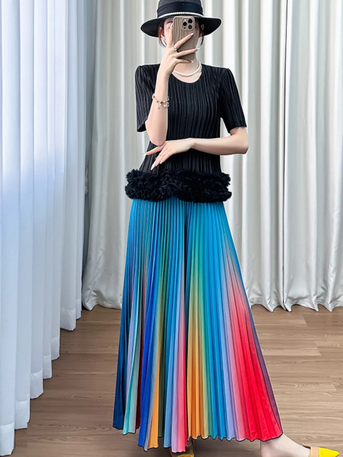 

Casual High Waist Women's Set with Inner Shirt Folded Rainbown Skirt And Straight Tube Top Silk Blend Summer Outfit