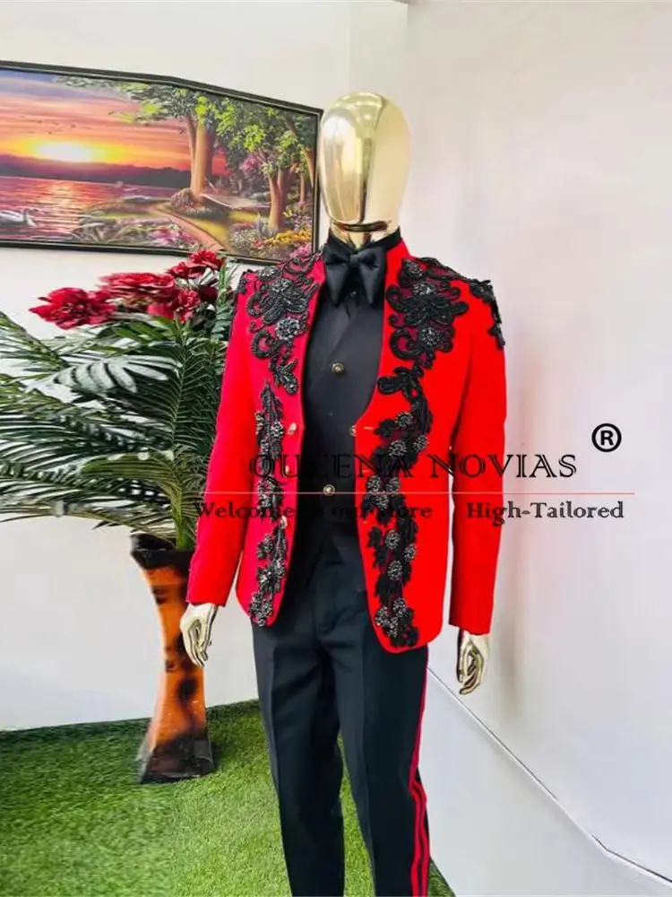 

Customzied Black Beaded Embroidered Mens Suits Wedding Groom Tuxedos 2 Pieces Business Male Suit Jacket Blazer Ternos Completo