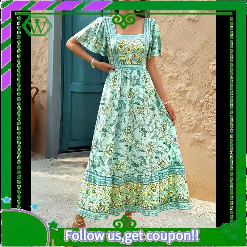 A18P-Mulher 2025 verão manga curta boho estampa floral em camadas casual flowy longo maxi vestido