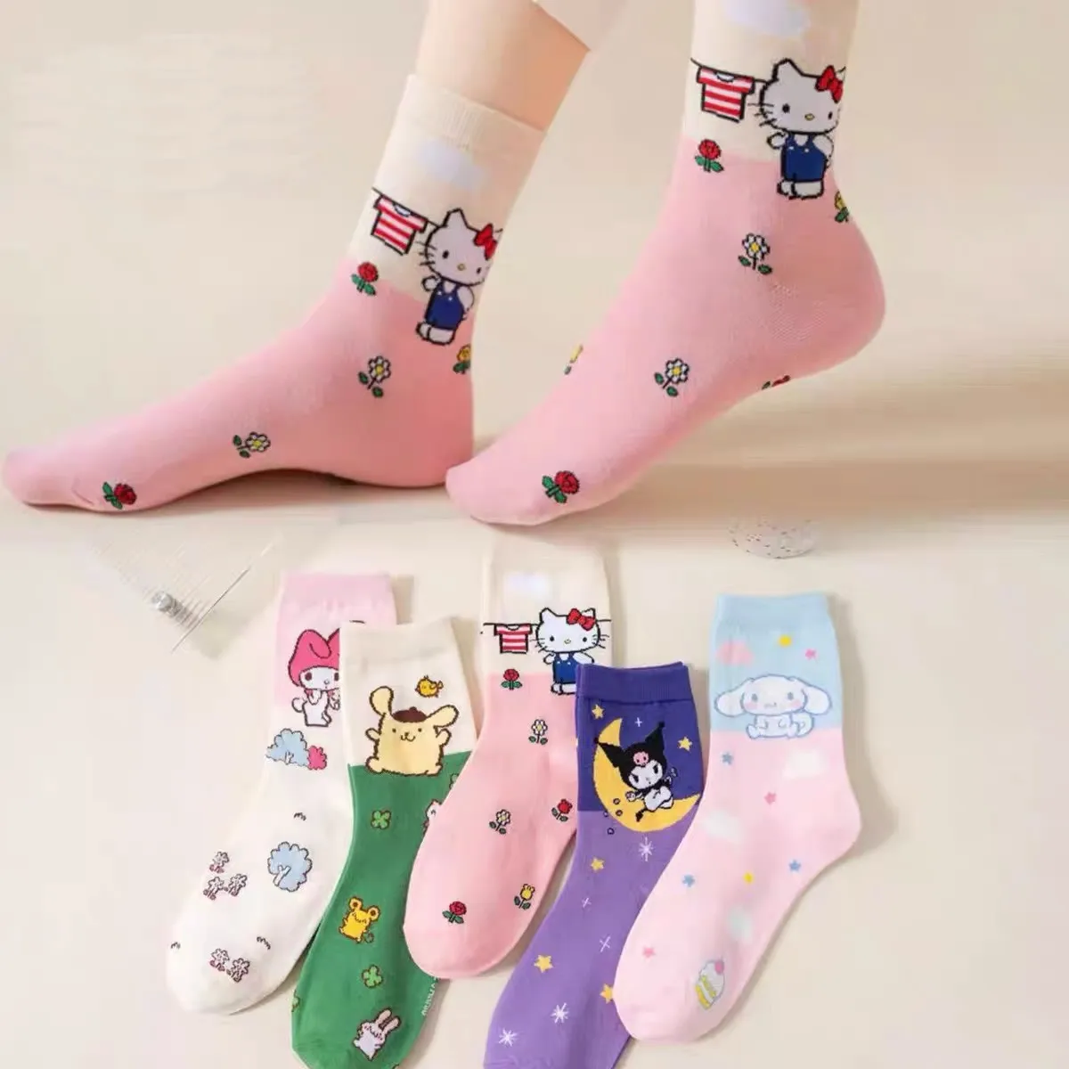 Kawaii Sanrio Socks Cartoon Hello Kitty Kuromi Fun Sweet In The Tube Socks Cute Cotton Home Warm Sock Girl Heart Birthday Gift