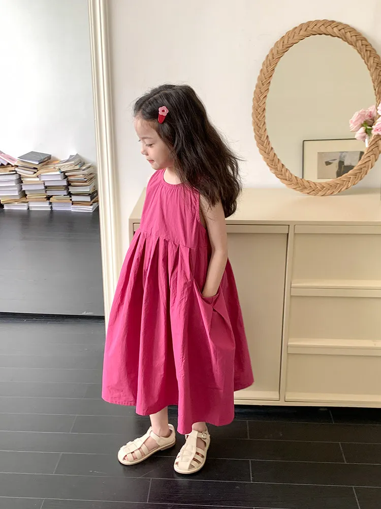 Summer Sleeveless A-Line Girls Maxi Dress Premium Color Cotton Rose Pink Princess Dress with Big Pockets Dresses