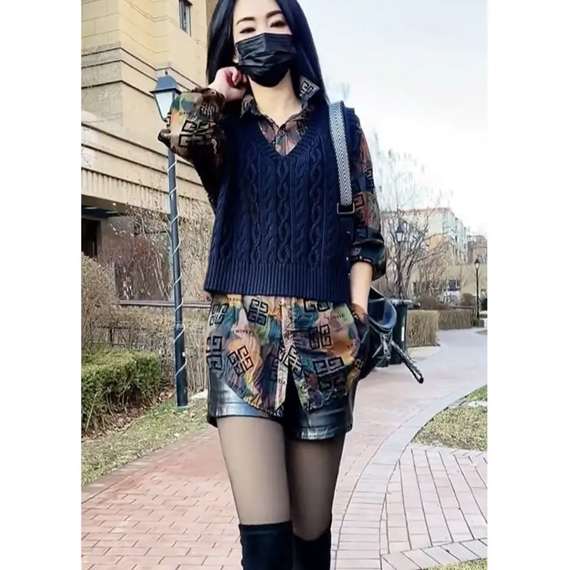 Estilo artístico gola polo camo impresso camisa primavera outono casual solto algodão linho topos temperamento roupas da moda para mulher