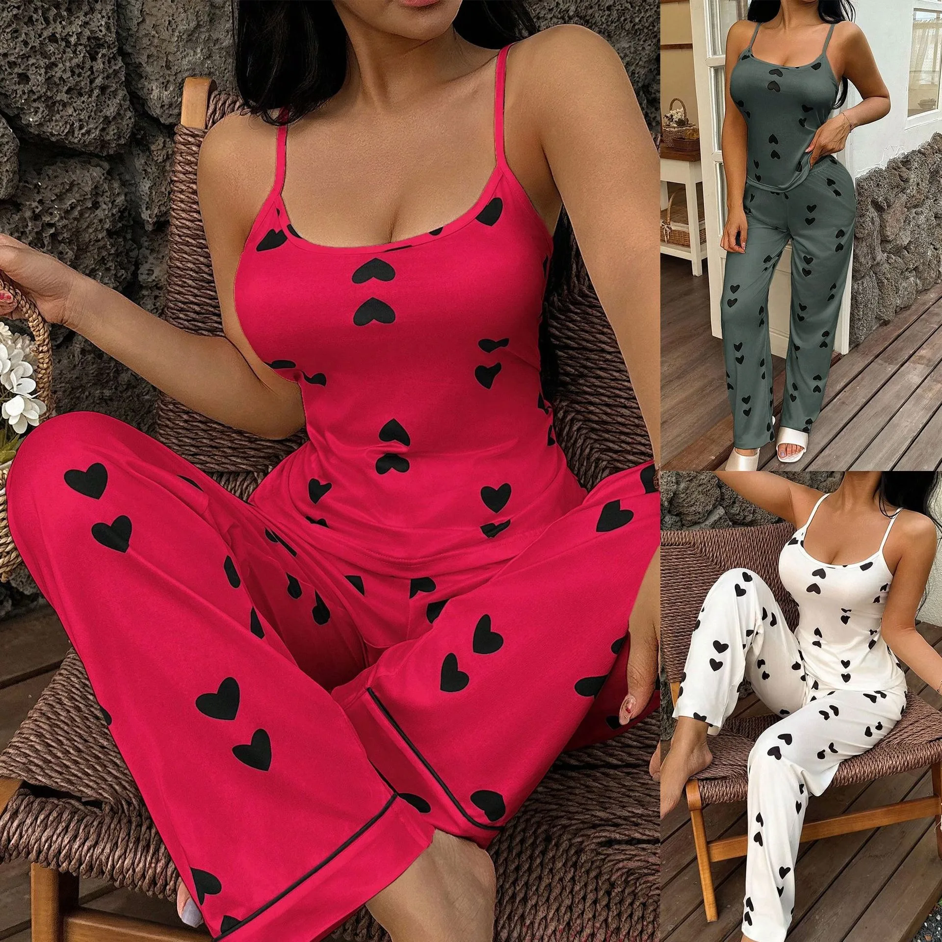 

Sexy Bal Heart Strap Vest And Pants Set Home Clothes Long Svel One-oulder Straight Leg Home Comfortwear Set