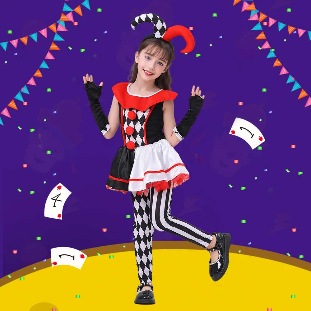 

Halloween Costume Kids Girl Clown Dress Pants Hat Gloves Party Jester Cosplay Stage Performance Outfit 2024 Black White Red