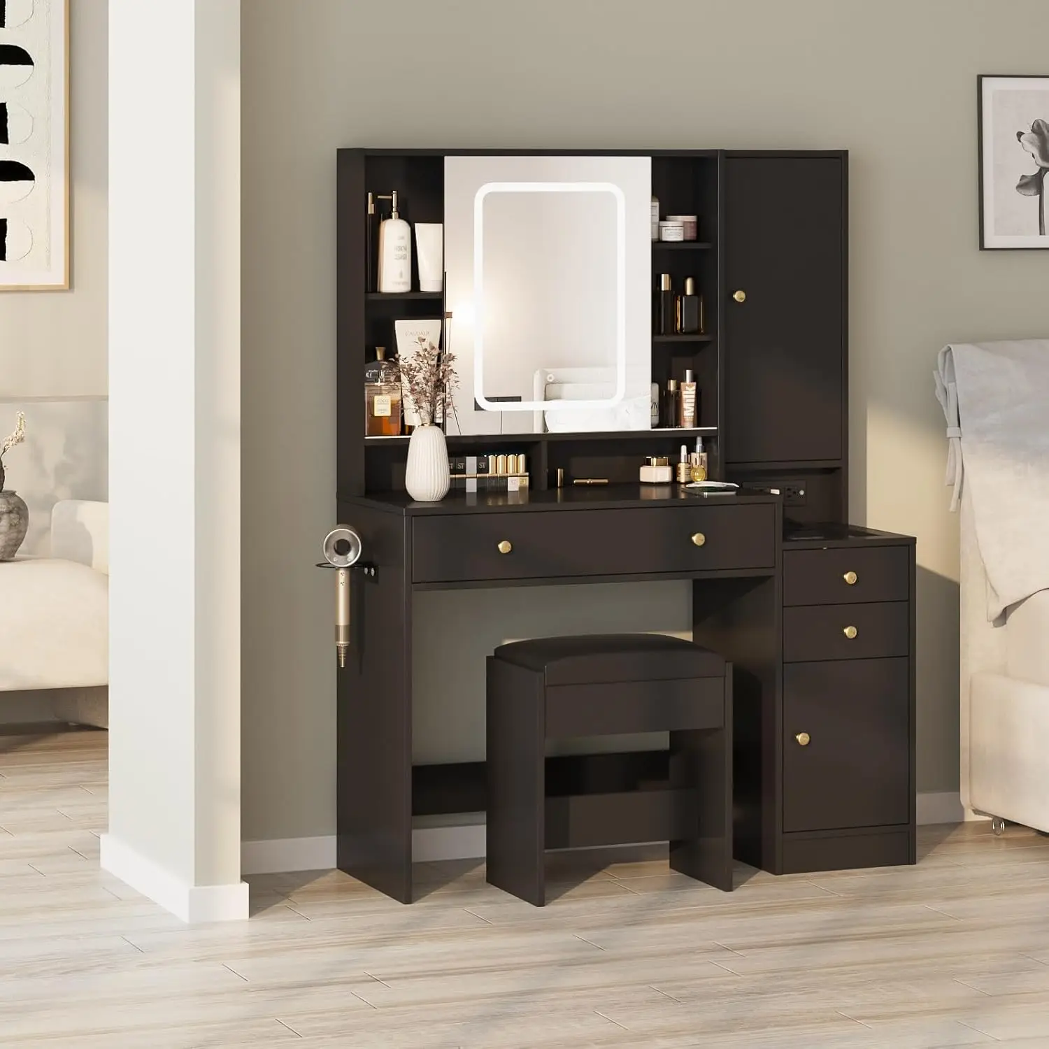 Vanity Table with Mirror, Lights and Charging Station - Glass Top Vanity with 3 Drawers, Jewelry Cabinet and Sliding Door, 42.8