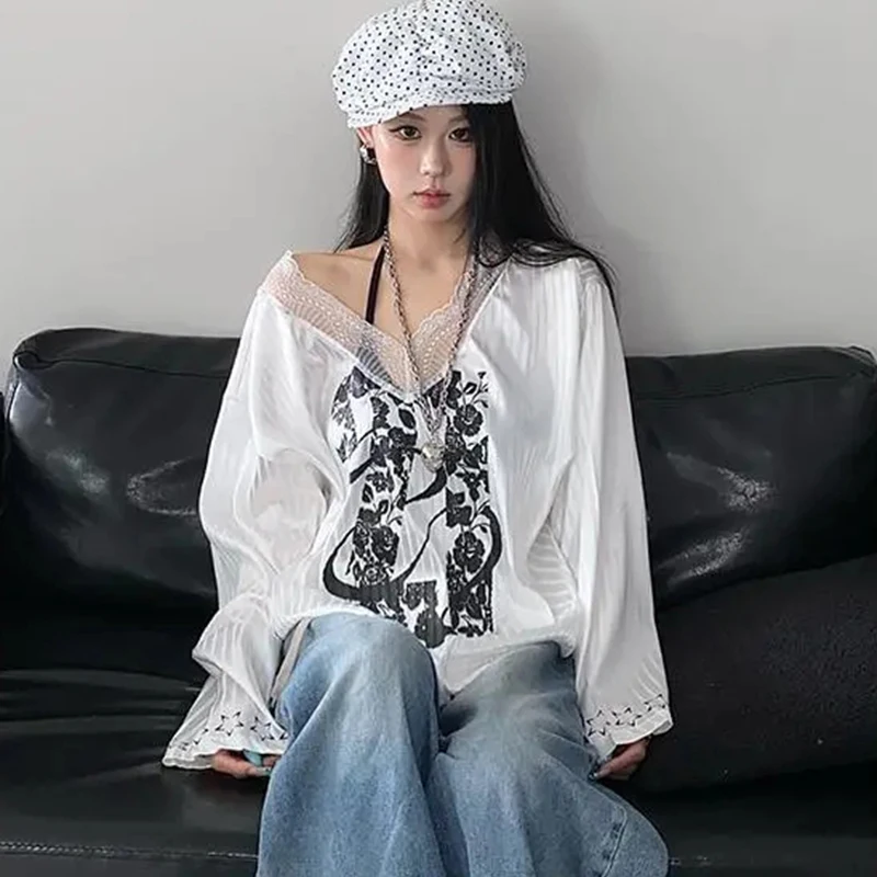 American Street Satin Tee Women V Neck Lace Patchwork T Shirt Loose Casual Long Sleeve Lazy Hiphop Top Lightweight Sports Jersey