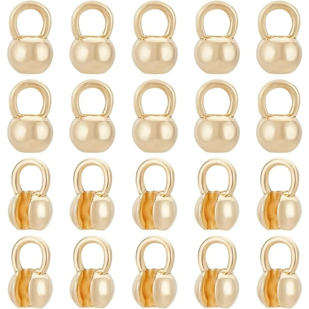 20Pcs Real 14K Gold Plated Crimp Ends Round Brass Bead Tips Calotte Ends Clamshell Knot Cover for Jewelry Making DIY Making Kit