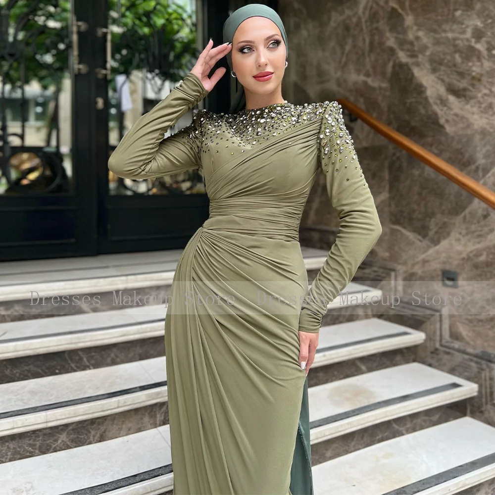 Modest Evening Dresses Long Sleeves O Neck Mermaid Crystal Luxury Evening Gowns for Women 2023 Illusion Trumpet Green Prom Dress