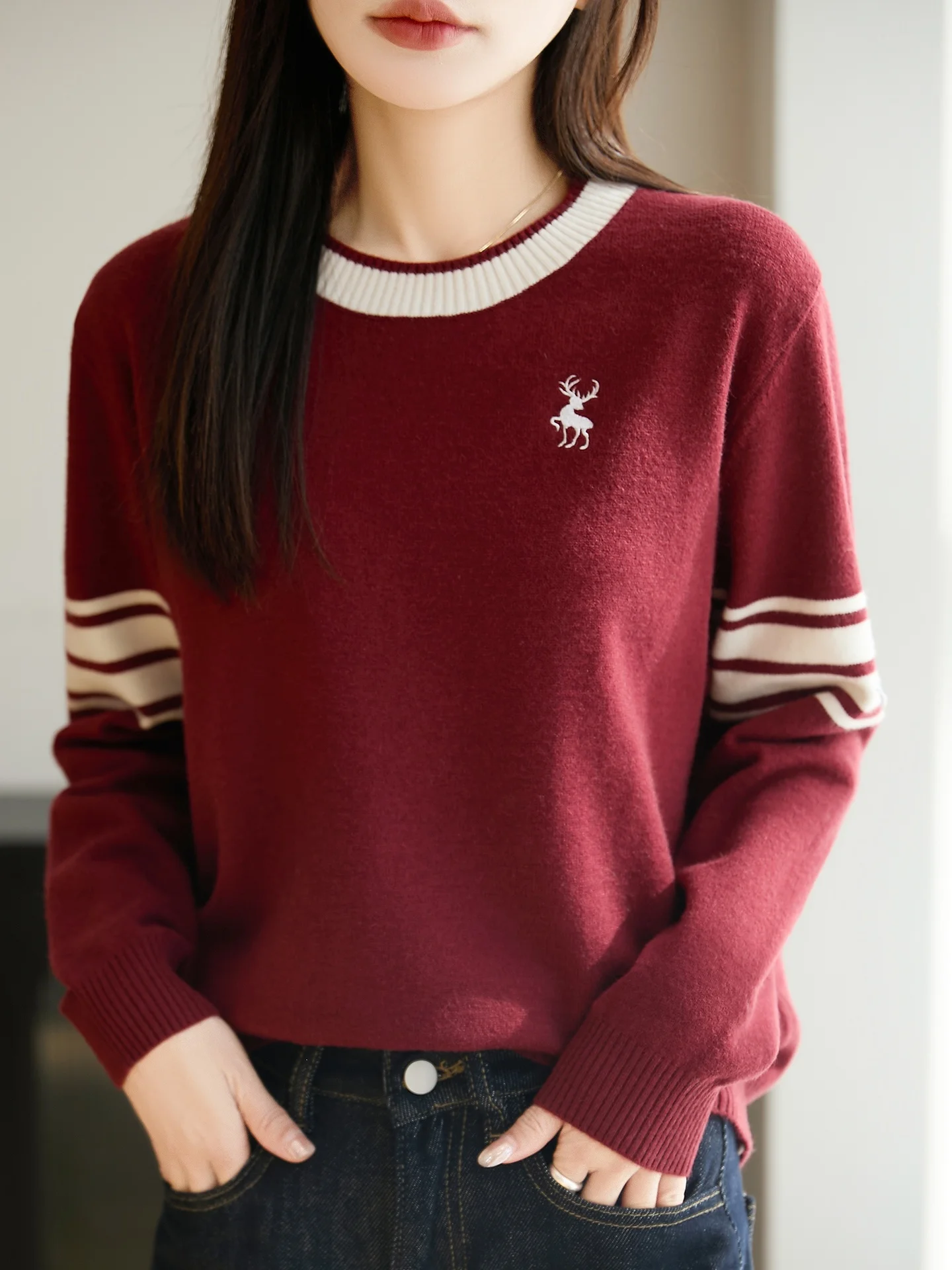 

Повседневный цветной круглый вязаный свитер Ne, женский свободный крой, длинный свек, полосатая основа с вышивкой, осенне-зимний трикотаж...