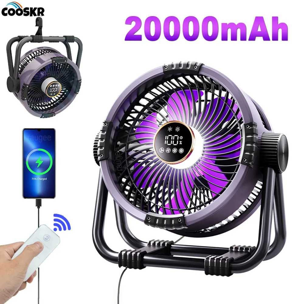 Camping Fan 20000mAh Rechargeable Portable Fan Wireless Tent Ceiling Fan Air Circulators Outdoor Camping Fan with Light and Hook