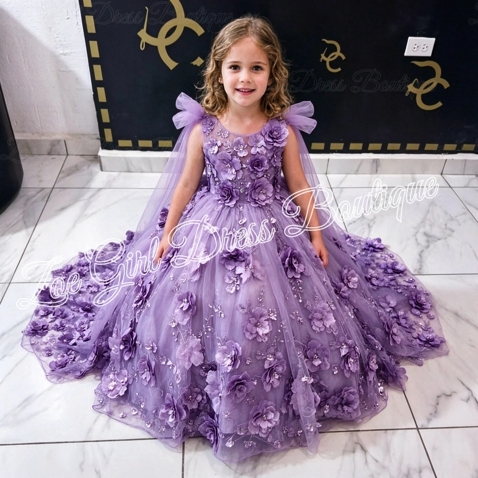 Purple New Sleeveless Flower Girl Dresses For Wedding 3D Flower Appliques Girl Birthday Party First Communion Gown Customizes