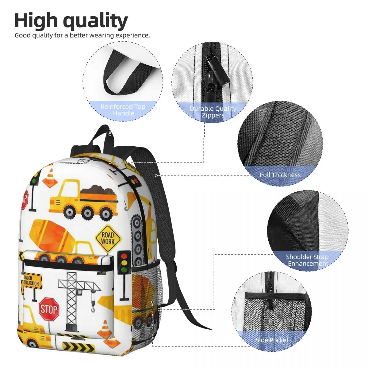 Road Work Watercolor Construction Vehicles Backpack Student BookBag Children School Bag Computer Shoulder Bags for Men Women