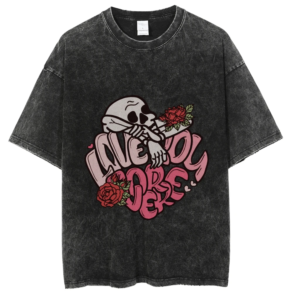 Skull Hip Hop Punk Short Sleeve Top Cotton Clothing Wonen T-shirts Rose Retro Cool Design Street Men's Washed Vintage T Shirts