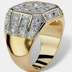 Gorgeous Round Geometry Gold Color Mens Rings Fashion Metal Inlaid White Stones Ring Jewelry