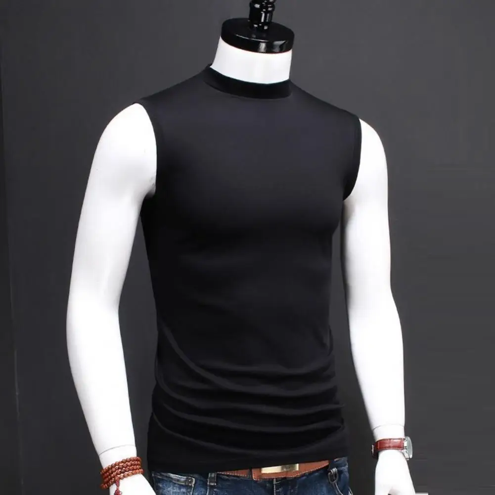 Fashion Men Tank Tops Half High Collar Sleeveless Slim Fit Stretchy Tops Solid Color Wide Shoulder Straps Ice Silk T-shirt