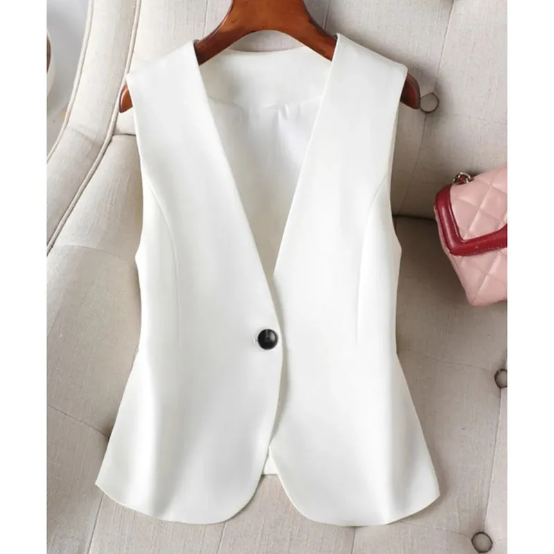 Korean Women Short Blazer Sleeveless Outwear Spring Autumn Female Suit Vest Jacket Ladies V-neck Lined Waistcoat Coat   ﻿