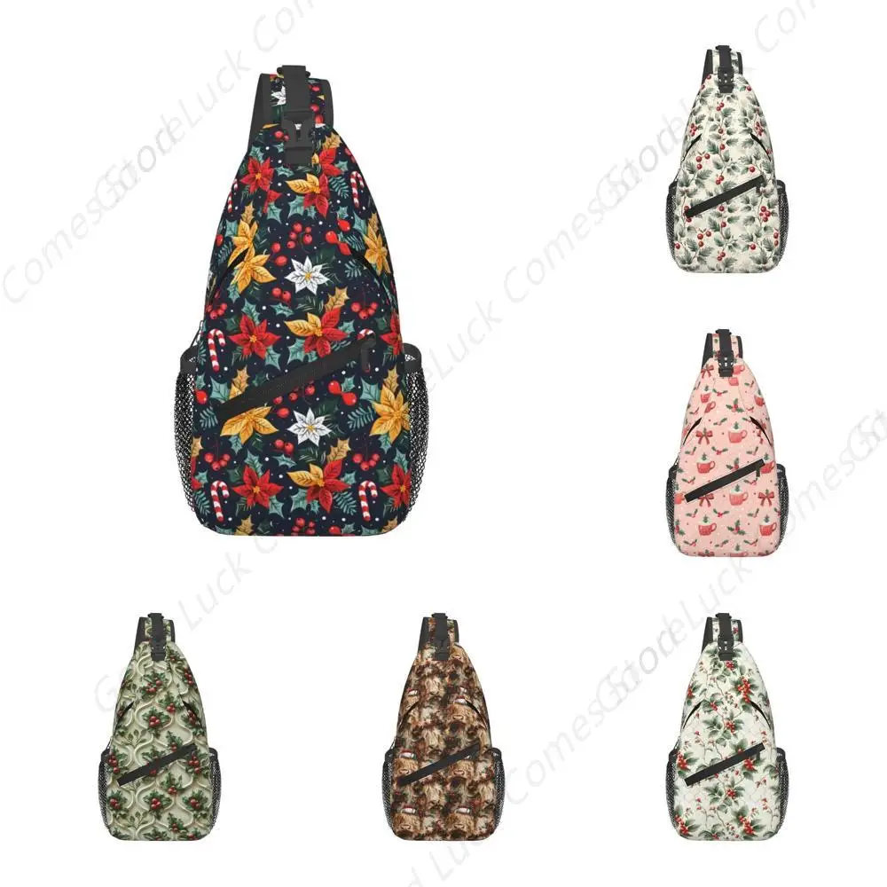 Flowers Christmas Sling Backpack Chest Bag Crossbody Bag Hiking Daypack For Men Women Holly Christmas