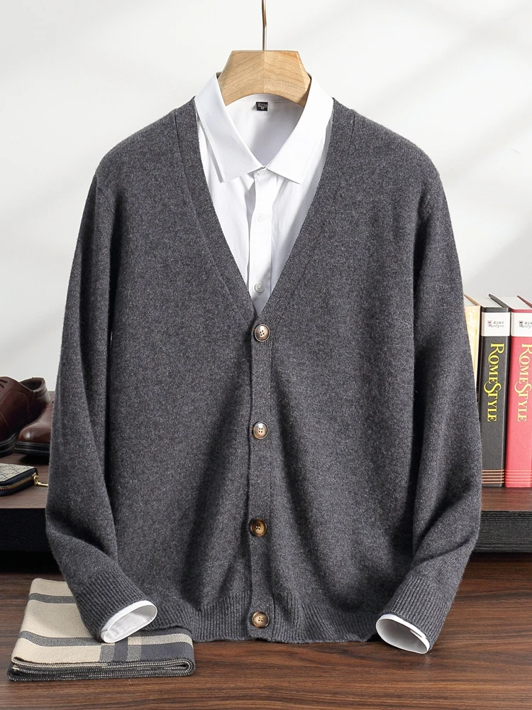 100% Pure  Cashmere Sweater Coat Men's V-Neck Knitted Cardigan Autumn and Winter New Long Sleeved Solid Color Jacket Men's Top