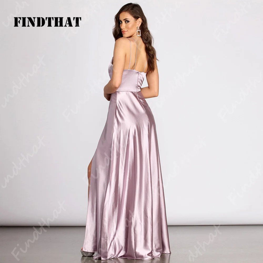 Findisso-Elegante V-Neck cetim Vestidos, A-Line Spaghetti-Correias, Sexy Side Slit, Bridesmaid Prom Gowns, Party, 2024