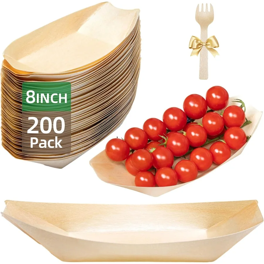 

200Pack Wooden Disposable Plates 8 IN Boat Plates Food Trays Disposable Dessert Plates Disposable Food Boats for Party Weddings