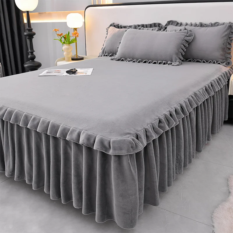 Bonenjoy Bed Skirt Velvet Bedspread Ruffles Bed Cover Skin-friendly Mattress Protector Lace Bedsheet jupe de lit (No Pillowcase)