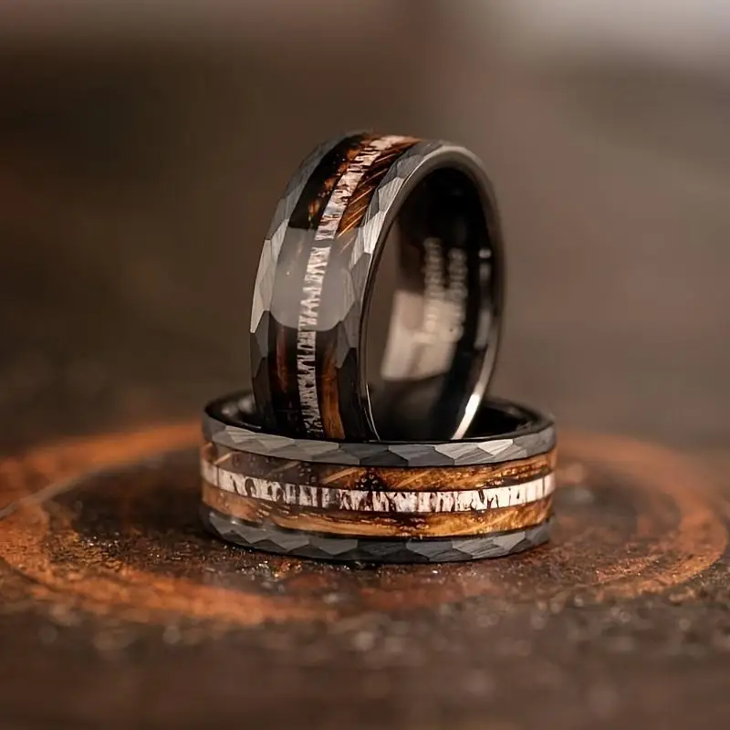 Bamboo Wood Deer Horn Inlaid Men's Engagement and Wedding Ring, Jewelry Gift 8Mm Tungsten Carbide Wood Grain Men's Ring