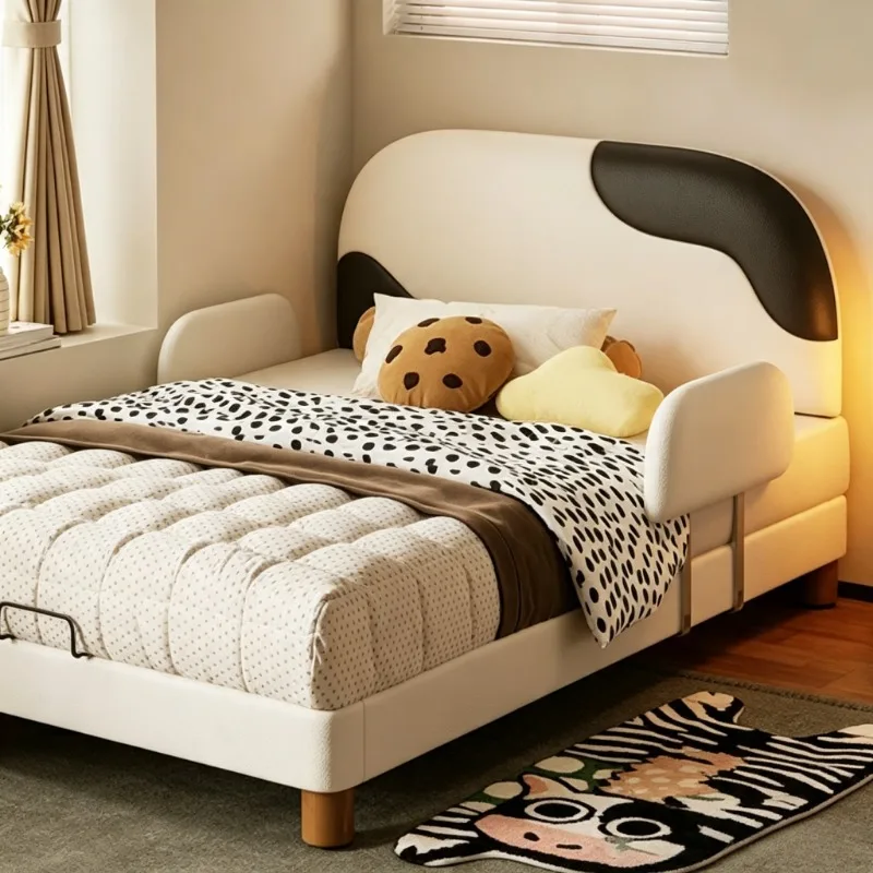 Cream Style Kids Single Bed for Boys Girls, Cow‑Shape Upholstered Bed Frame with Safety Guardrail for Small Bedroom