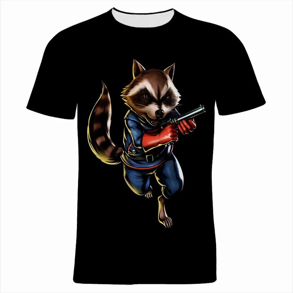 T-shirt imprimé 3D Rocket Raccoon Groot Cartoon Anime pour hommes et femmes, Streetwear, Écouteurs contractants, Mode