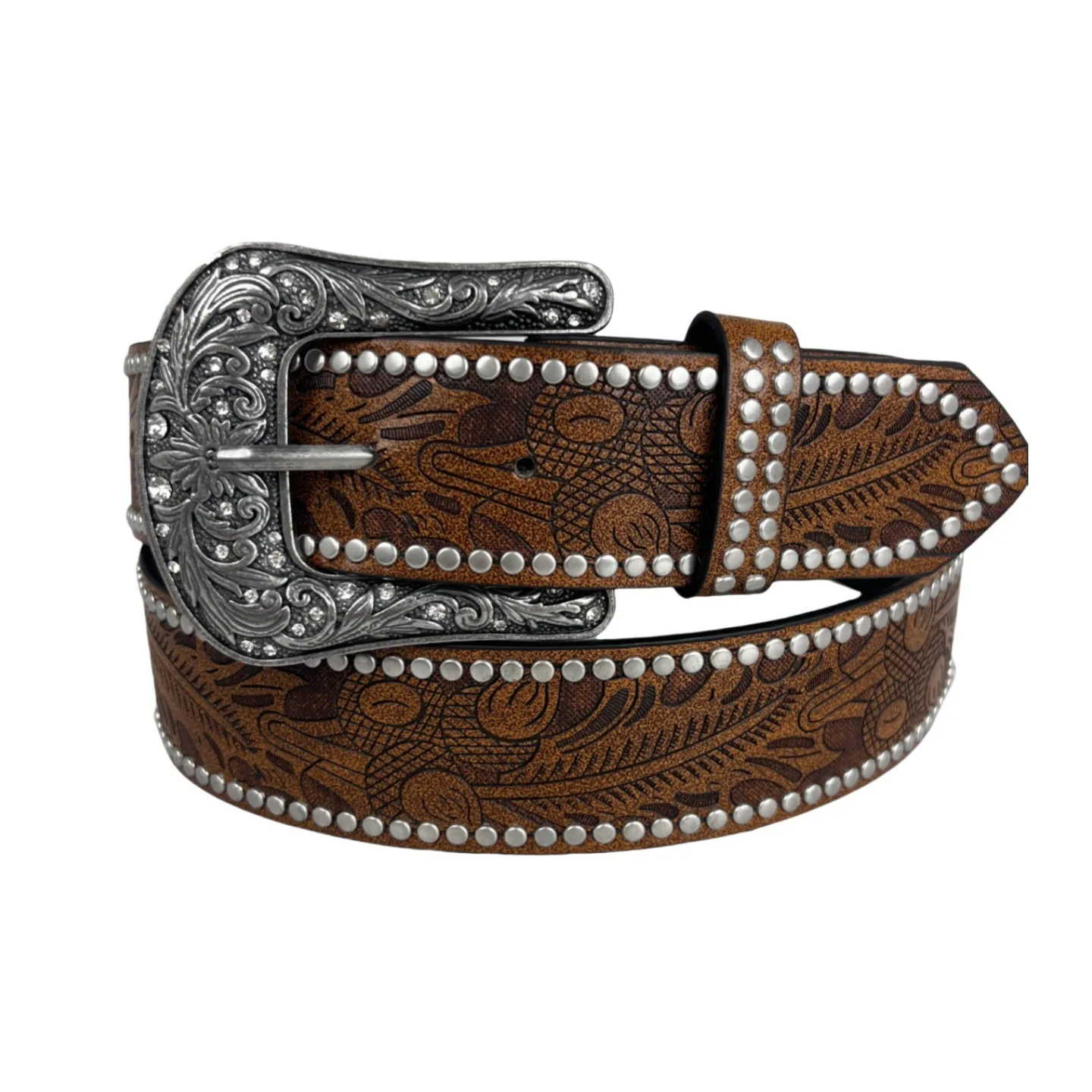 Western Cowboy Buckle Head Carved Rhinestone Inlaid Vintage Embossed Rivet Punk Simple Versatile Belt